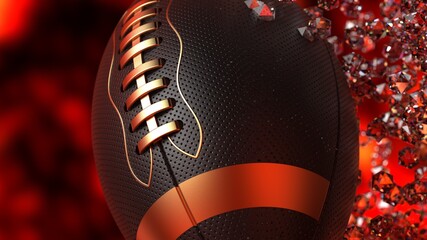 Black-Gold American Foot Ball with Diamond Particles under Fire Lighting Background. 3D illustration. 3D high quality rendering. 3D CG. © DRN Studio