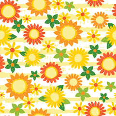 Vector colorful yellow textured sunflowers and daisy pen sketch repeat pattern with stripes. Suitable for textile, gift wrap and wallpaper.