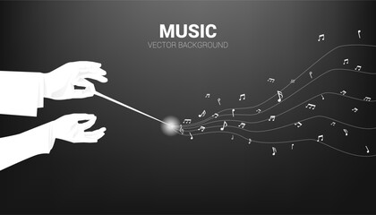 Vector silhouette of conductor hand hold baton stick with flying music note . Concept background for orchestra concert and recreation.