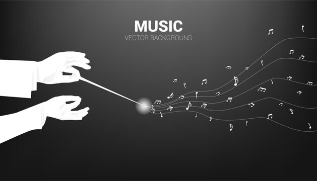 Vector silhouette of conductor hand hold baton stick with flying music note . Concept background for orchestra concert and recreation.