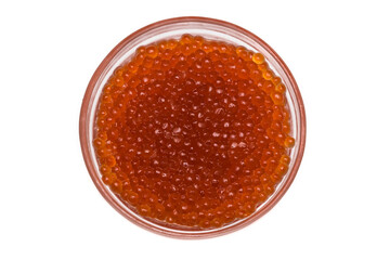 Red caviar in a glass dish isolated on a white background