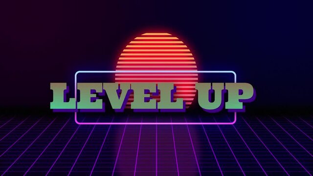 VHS retro animation with the appearing neon rectangle and the text level up. Against the background of the glowing sun and the moving forward grid. Retro style. Video games from the 80s. Motion graphi
