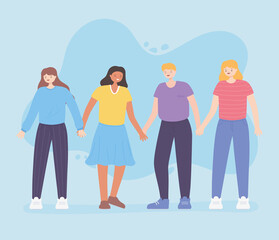 people together, happy man and women holding hands, male and female cartoon characters