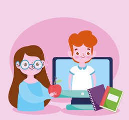 happy teachers day, teacher and student boy computer books and apple