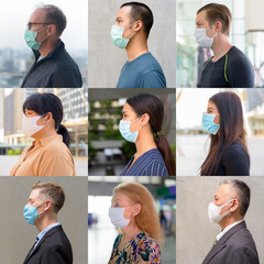 Collage profile view of people wearing protective facial mask