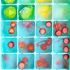 Red berries and some vegetables frozen in a silicone mold for the freezer. Edible ice cubes close-up