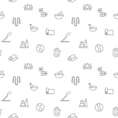 Seamless pattern with yoga and spa icon on white background. Included the icons as wellness, pose, beauty, peace, therapy And Other Elements. Template for design fabric, backgrounds, wrapping paper.