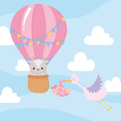 baby shower, flying sork with little girl and sheep in air balloon, celebration welcome newborn