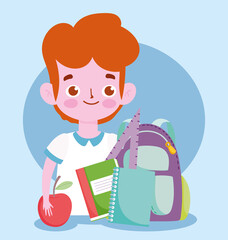 happy teachers day, student boy backpack books and apple cartoon