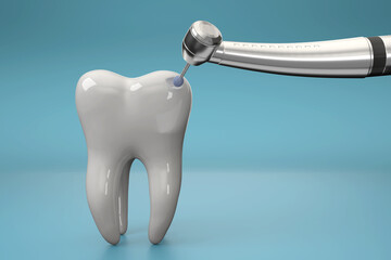 3D close up view of dental drill and white tooth model in action - 375026078