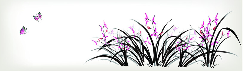 Chinese painting of Orchid and butterfly in ink style - 375026079