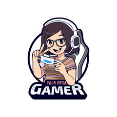 Cute gamer geek character mascot logo, Gamer girl cartoon esport logo template © tkzgraphic