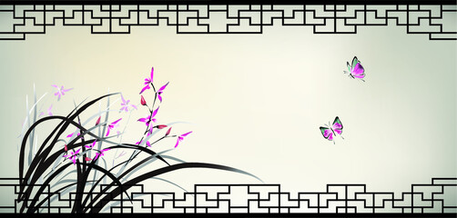 Chinese painting of Orchid and butterfly in ink style - 375026245