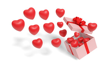 Hearts coming out of a pink gift box with red bow isolated on a white background. 3d illustration.