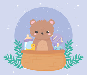 baby shower, teddy bear rattle pacifier in basket cartoon, celebration welcome newborn