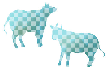 シルエット牛　市松模様　青