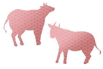 シルエット牛　青海波　赤