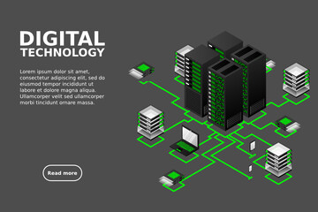 Concept of data network management .Vector isometric map with business networking servers computers and devices.Cloud storage data and synchronization of devices.3d isometric style