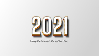 Merry Christmas and Happy New Year 2021 with white and gold text. Festive event banner. Vector holiday illustration