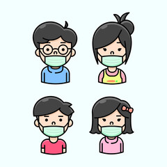 AN ASIAN FAMILY WEARING GREEN MASKER IN NEW NORMAL ILLUSTRATION