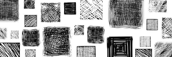 Abstract vector background, banner. Irregular squares of different sizes. Shades of gray, pencil drawing.