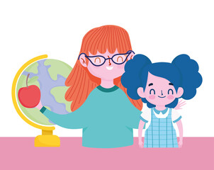 happy teachers day, teacher and student girl school map and apple