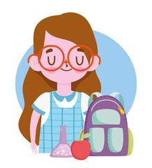 happy teachers day, student girl backpack apple and chemistry flask