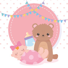 baby shower, teddy bear little girl and bottle milk, celebration welcome newborn