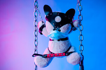 a toy bear dressed in leather belts accessories for BDSM games is hanging on chains on a dark...