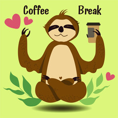  Cute sloths drink coffee. Flat style. Coffee break lettering. 
Print for menus, textiles, t-shirts, sweatshirts.