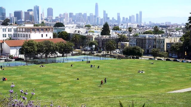 Social Distancing Circles At Dolores Park In San Francisco, California 