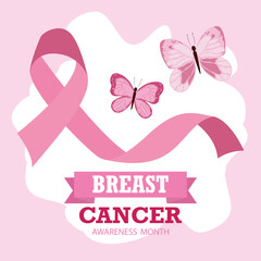 breast cancer awareness month ribbon pink butterflies ornament template card