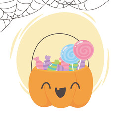 happy halloween, cute pumpkin shaped basket with candies, trick or treat party celebration