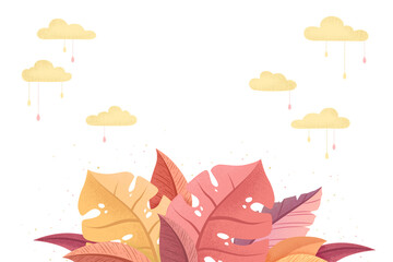 Autumn design template with hand drawn textured leaves, clouds, empty space isolated on white background. Modern vector illustration concept for website and mobile development