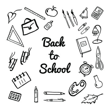 Back to school set of classroom supplies. Hand drawn sketchy doodles with lettering,icons,pictograms. Schoolbag, ruler, pen, pencil, bulb, apple, bell, skates, lamp, scissors. Vector illustration