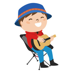 アウトドア用品のイスに座ってギターを弾いてる男性のイラスト。