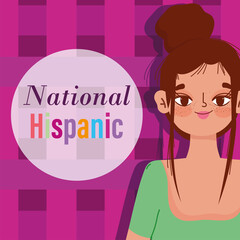 national hispanic heritage month, young woman cartoon character, checkered background