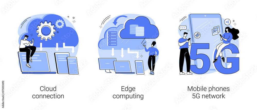 Poster online data transfer abstract concept vector illustration set. cloud connection, edge computing, mob