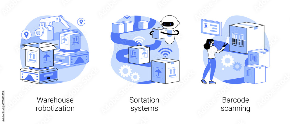 Aufkleber sorting parcels abstract concept vector illustration set. warehouse robotization, sortation systems,