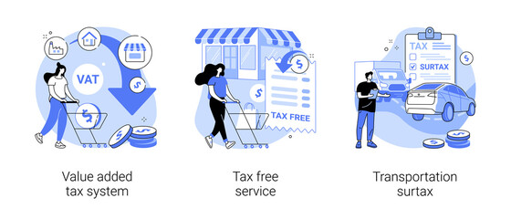 Transportation taxes abstract concept vector illustration set. Value added tax system, tax free service, transportation surtax, VAT number, purchase cost, transit service fee abstract metaphor.