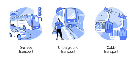 Public transport abstract concept vector illustration set. Surface, underground and cable transport, road and highway, trolleybus, bus stop, subway train station, passenger traffic abstract metaphor.