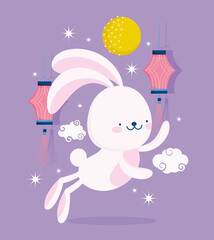 happy mid autumn festival, chinese lantern traditional and cute rabbit, blessings and happiness