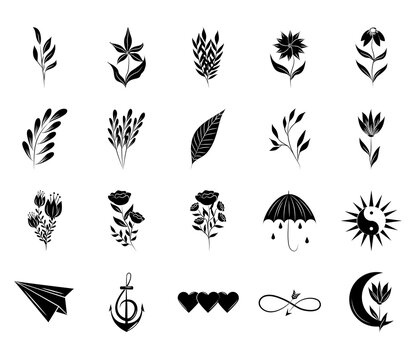 Minimalist Tattoo Boho Sketch Silhouette Art Icons On White Background