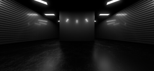 Dark hall with bright white neon lights on a black background. 3d rendering image.