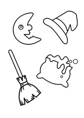 Black line halloween elements, such as crescent moon , witch hat, pot and broome. Hand drawn cute cartoon festival holiday. Doodle for coloring, decoration or any design. Vector illustration of kid.