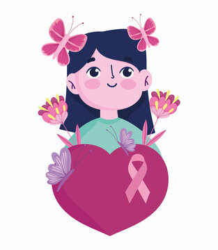 breast cancer awareness month cartoon woman butterflies in head flowers and heart