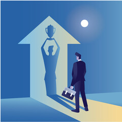 Businessman concept illustration rise a trophy winner success over competition run company