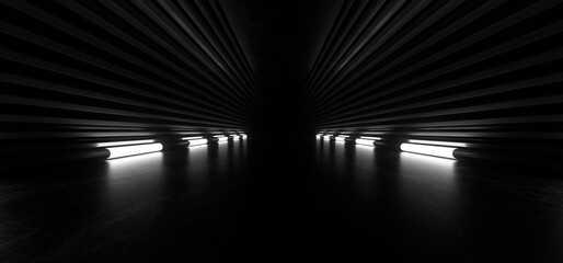 Dark hall with bright white neon lights on a black background. 3d rendering image.