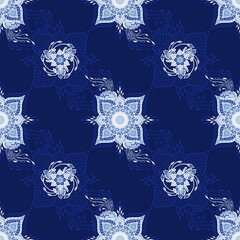 Flower henna tribal illustration doodle tattoo design for seamless pattern vector for printing fabric background with blue Porcelain background 