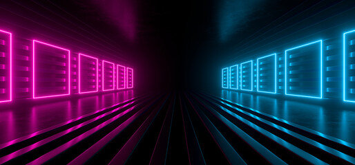 A dark corridor lit by colorful neon lights. Reflections on the floor and walls. 3d rendering image.